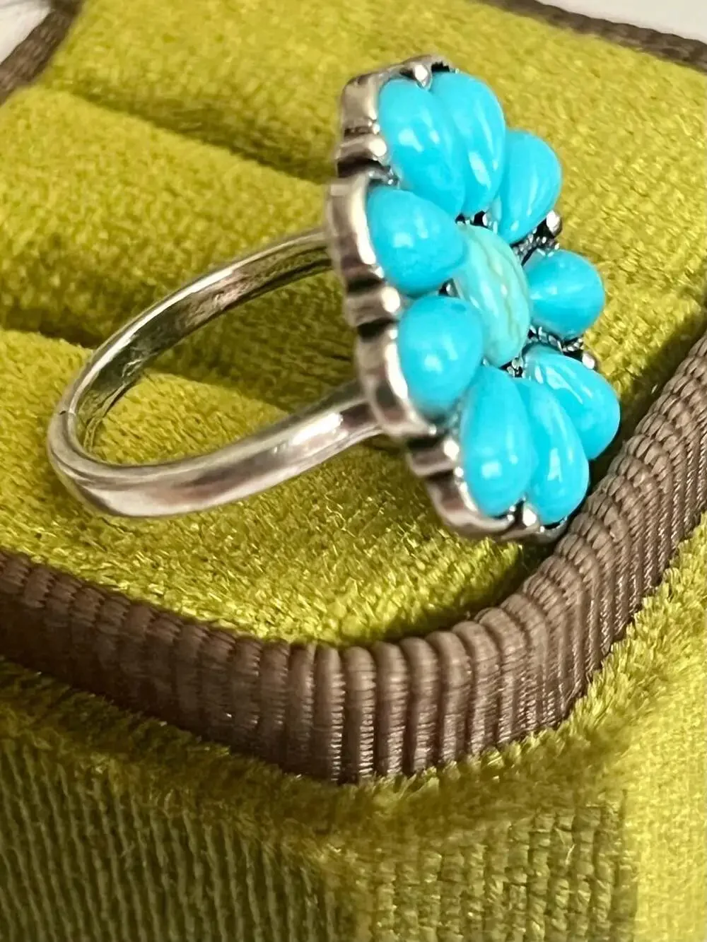 Turquoise Flower Cluster Titanium Steel Silver Statement Ring Size 6